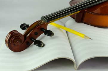 Fototapeta na wymiar Closeup of violin, blank note sheet and pencil