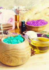 Spa setting with natural soap and sea salt