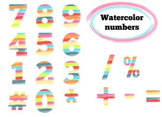 Watercolor styled numbers and symbols