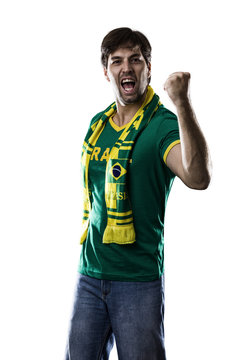 Brazilian Fan Celebrating, on a white background.