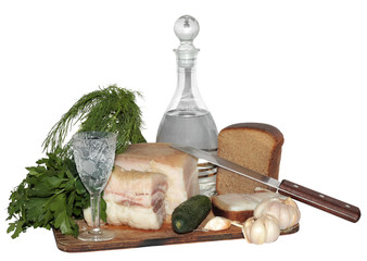 salted pork fat and Borodinsky rye bread isolated on white