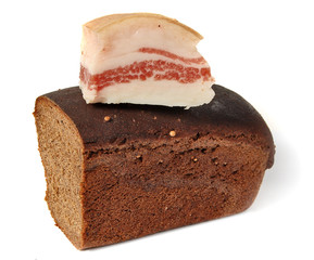 salted pork fat and Borodinsky rye bread isolated on white