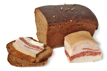 salted pork fat and Borodinsky rye bread isolated on white
