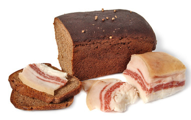 salted pork fat and Borodinsky rye bread isolated on white