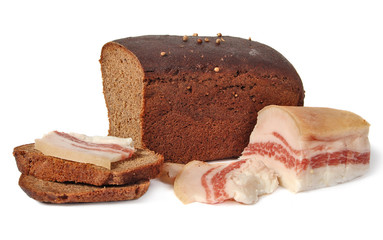 salted pork fat and Borodinsky rye bread isolated on white