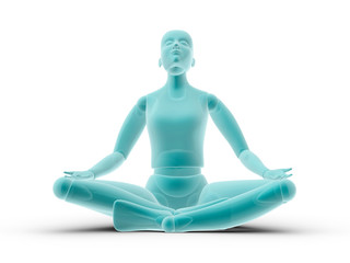 Mannequin sitting practicing yoga and meditating isolated in whi