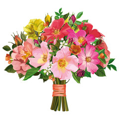 bouquet of multicolored roses and wild flowers