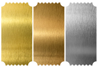 Aluminum, bronze and brass tickets isolated