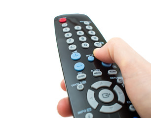 TV remote control in hand isolated closeup