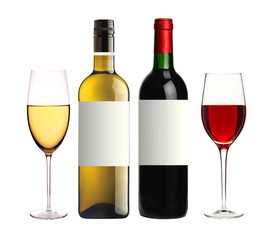 bottles of red and white and glasses wine isolated on white