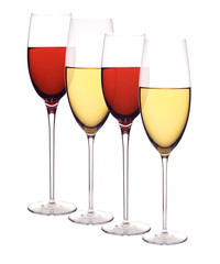 Wineglasses with white and red wine isolated on white