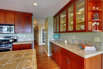 View of kitchen cabinets