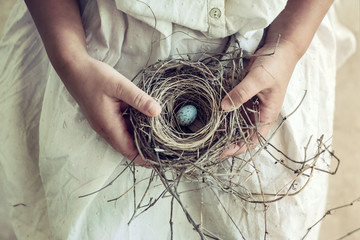 Girl Holding Blue Speckled Egg in Bird Nest on Lap - 64772362