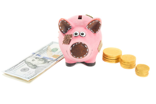 piggy bank with dollars and gold coins