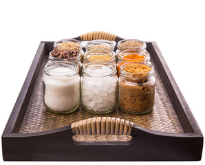 Sugar and spices in a wicker tray