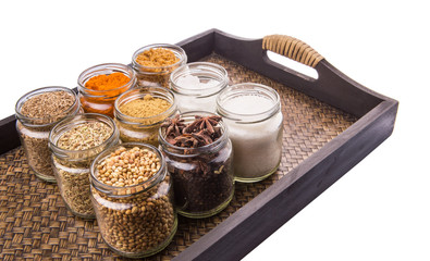 Sugar and spices in a wicker tray