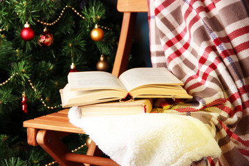 Composition with books and plaid