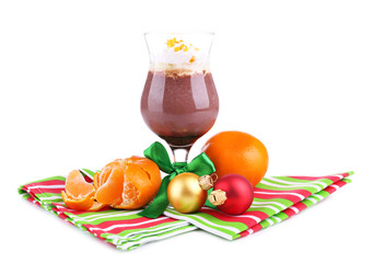Tasty dessert with chocolate, cream and orange sauce, isolated