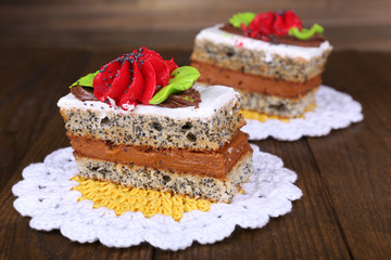 Tasty cakes on table close-up