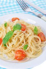 Delicious spaghetti with tomatoes on plate on table close-up