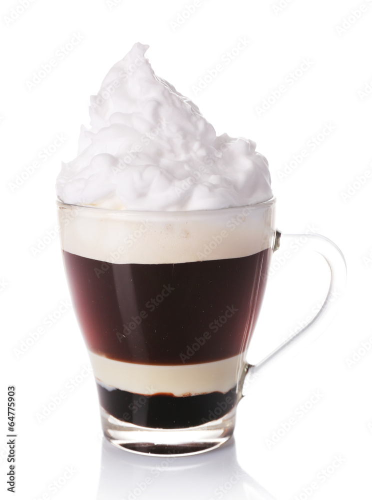 Wall mural glass of coffee with cream and chocolate, isolated on white