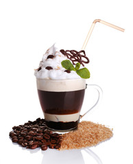 Glass of coffee  with cream and chocolate, isolated on white