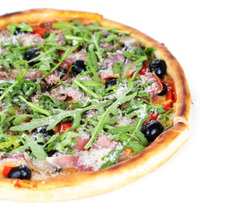 Pizza with arugula isolated on white