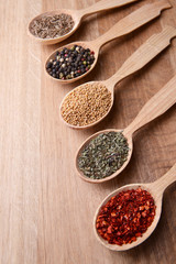 Different spices in spoons on wooden background