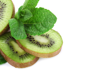 Fototapeta na wymiar Kiwi fruit with mint isolated on white