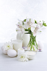 Tasty dairy products on table, close up