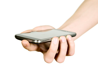 Man is holding smartphone