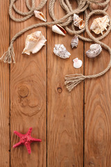 rope shells starfish on wooden boards