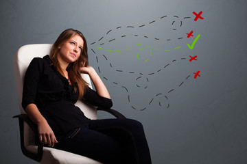 Young woman choosing between right and wrong signs