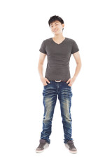 full of confidence young man standing on a white background