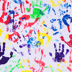 colorful handprints on the white background