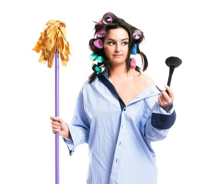 Houswife woman, cleaning mop and cosmetic brush