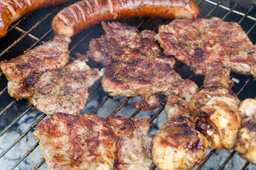 barbecue with delicious grilled meat on grill