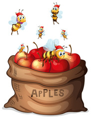 A sack of apple with bees