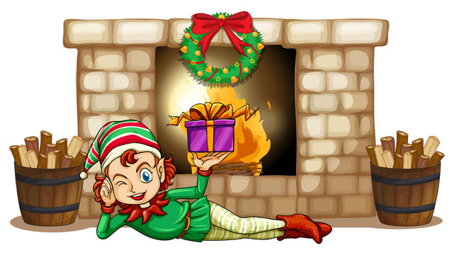 An elf in front of the fireplace