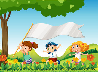 Obraz na płótnie Canvas Three kids running with a banner
