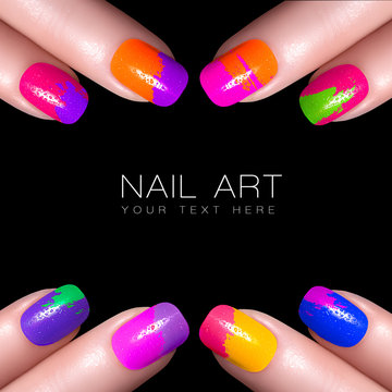 Fototapeta Colorful Fluor Nail Polish. Art Nail with example text