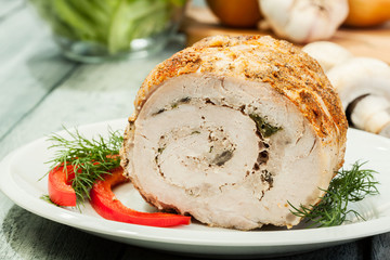 Pork lion roll stuffed with mushrooms