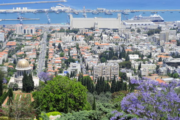 View on the down town of Haifa and Bahai Gardens from Mount Carmel