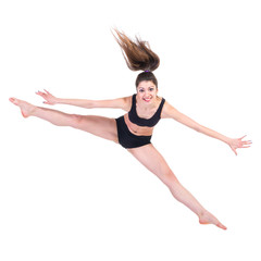 young modern ballet dancer jumping on white background