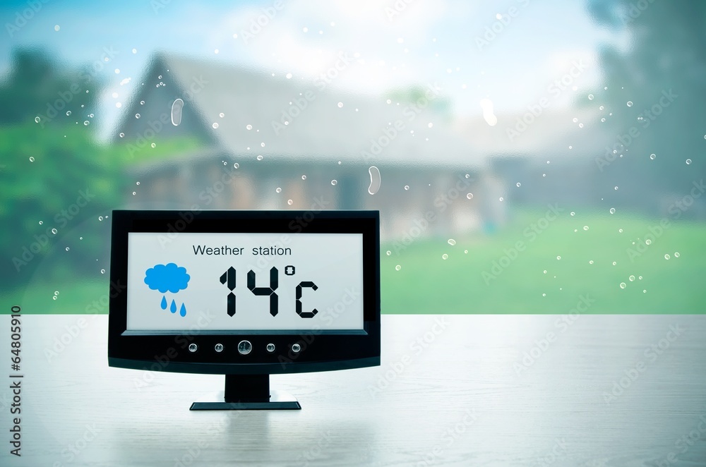 Wall mural weather station device with weather conditions outside backgroun