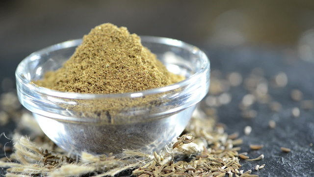 Fresh made Caraway Powder in a small bowl as loopable HD video