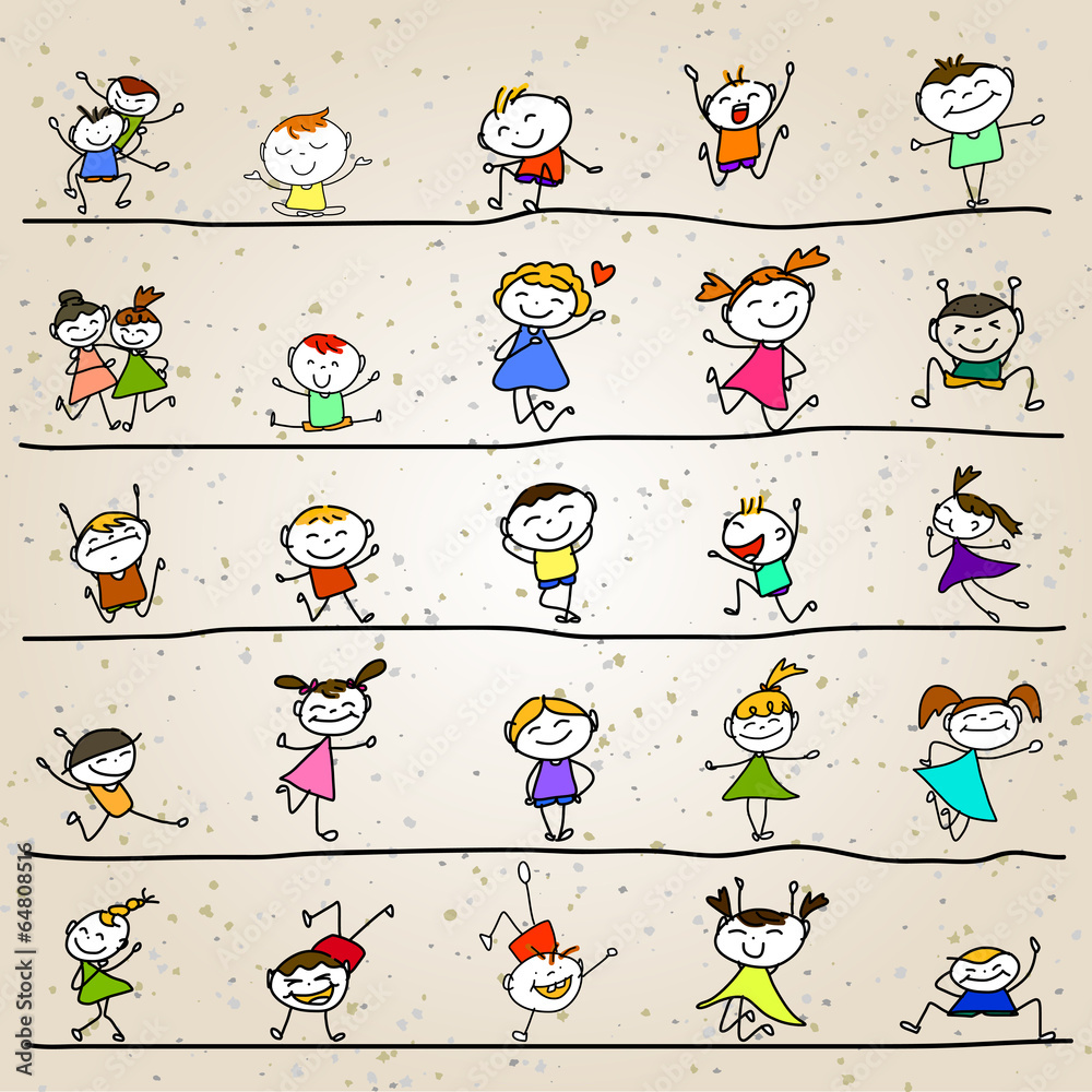 Wall mural hand drawing cartoon happy kids playing