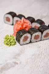 Asian sushi on a table with wasabi