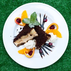 Tiramisu cake on plate