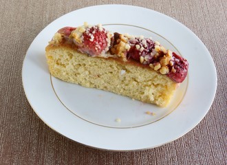 piece of fruit cake with strawberries